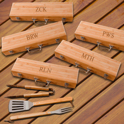 Personalized Set of 5 Grilling Set - Bamboo Case - Stainless Steel-3Initials-