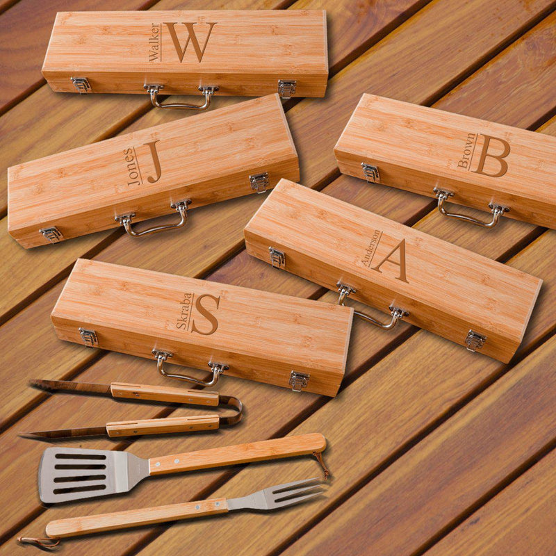 Personalized Set of 5 Grilling Set - Bamboo Case - Stainless Steel-Modern-