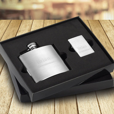 Personalized Silver Flask & Lighter Gift Set-Flasks-JDS-