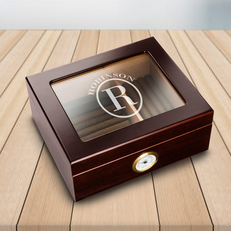 Personalized Monogram Glass Top Humidor - Mahogany