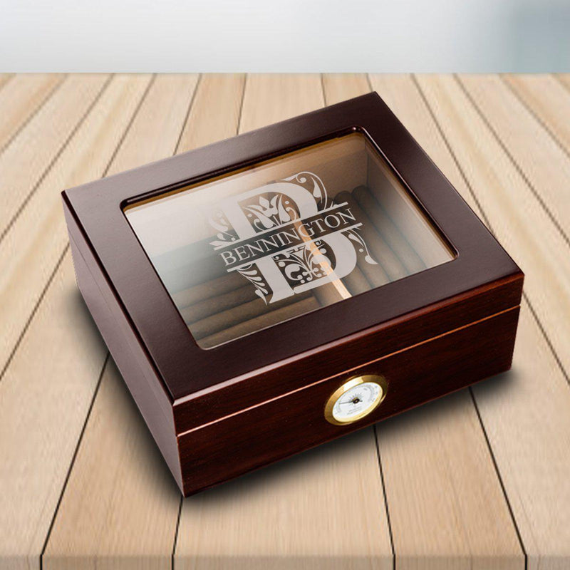 Personalized Monogram Glass Top Humidor - Mahogany