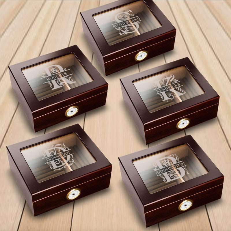 Personalized Mahogany Glass Top Humidor - Set of 5
