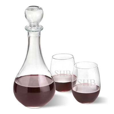Bormioli Rocco Loto Wine Decanter with stopper and 2 Stemless Wine Glass Set-3Initials-
