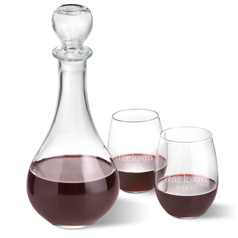 Bormioli Rocco Loto Wine Decanter with stopper and 2 Stemless Wine Glass Set-2Lines-