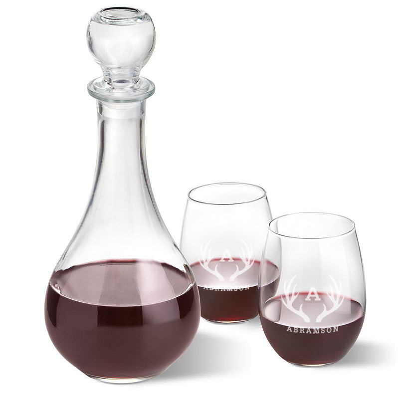 Bormioli Rocco Loto Wine Decanter with stopper and 2 Stemless Wine Glass Set-Antlers-