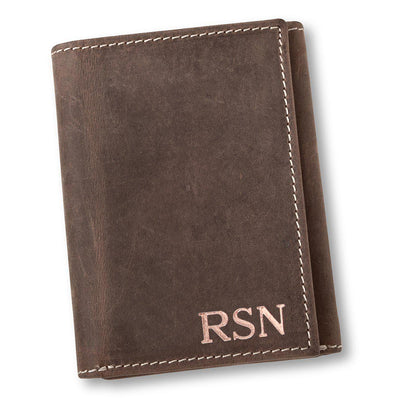 Personalized Men's Medium Brown Leather Borello Tri-fold Wallet-RoseGold-