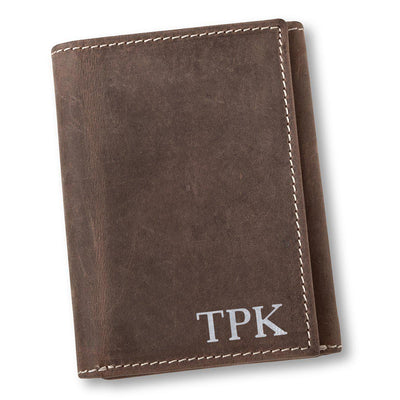 Personalized Men's Medium Brown Leather Borello Tri-fold Wallet-Silver-