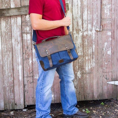 Personalized Blue Borello Leather & Canvas Messenger Bag-