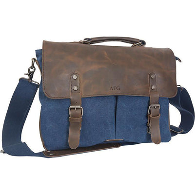 Personalized Blue Borello Leather & Canvas Messenger Bag-Blind-