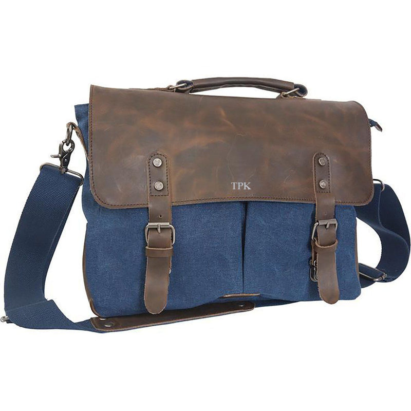 Personalized Blue Borello Leather & Canvas Messenger Bag-Silver-
