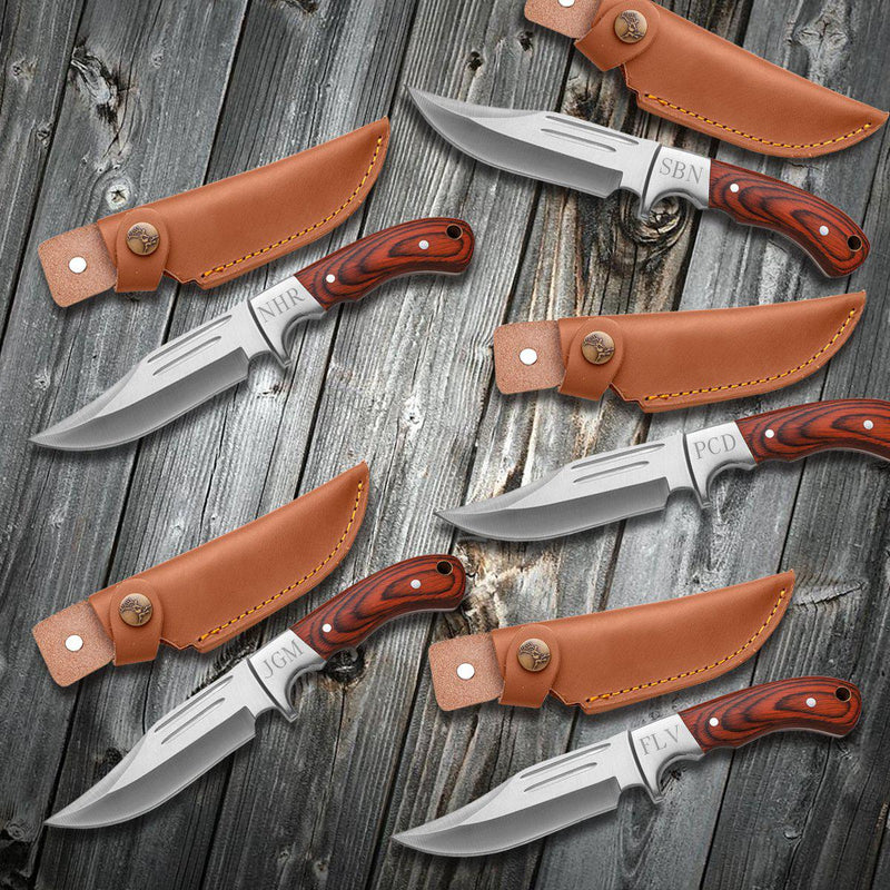 Personalized Set of 5 Saw Mountain Groomsmen Wood Handle Fixed Blade Knife