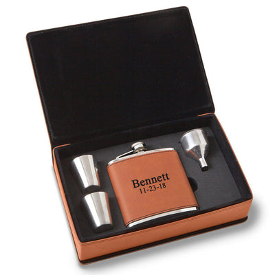 Personalized 6 oz Rawhide Flask Gift Set for Groomsmen-2Lines-
