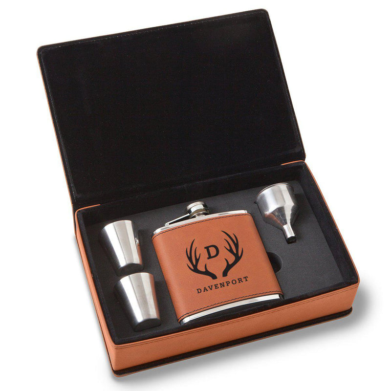 Personalized 6 oz Rawhide Flask Gift Set for Groomsmen-Antler-