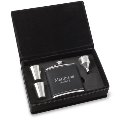 Personalized 6 oz BlackSilver Flask Gift Set for Groomsmen-2Lines-