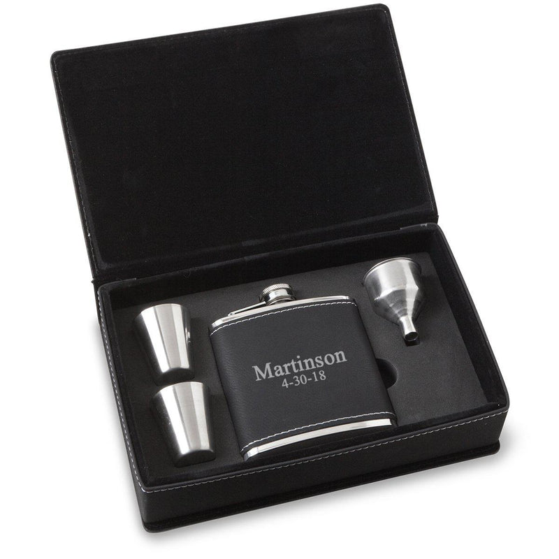 Personalized 6 oz BlackSilver Flask Gift Set for Groomsmen-2Lines-