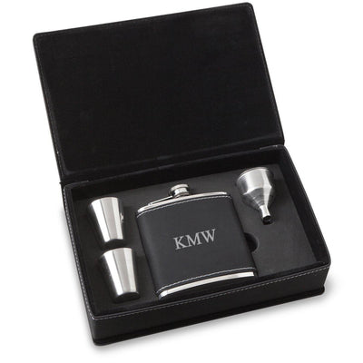 Personalized 6 oz BlackSilver Flask Gift Set for Groomsmen-3Initials-