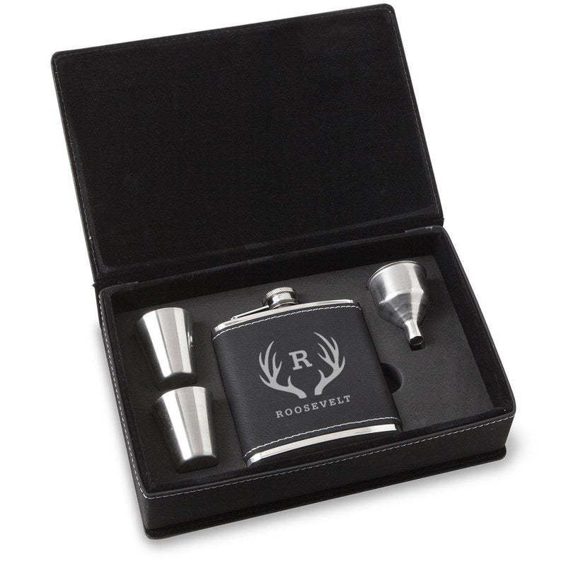 Personalized 6 oz BlackSilver Flask Gift Set for Groomsmen-Antler-