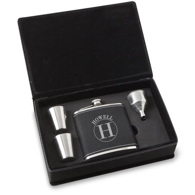 Personalized 6 oz BlackSilver Flask Gift Set for Groomsmen-Circle-