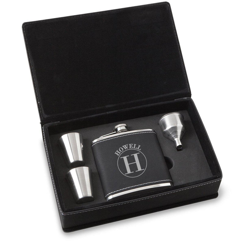 Personalized 6 oz BlackSilver Flask Gift Set for Groomsmen-Circle-