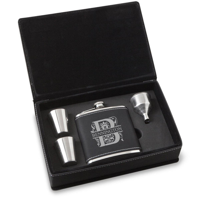Personalized 6 oz BlackSilver Flask Gift Set for Groomsmen-Filigree-