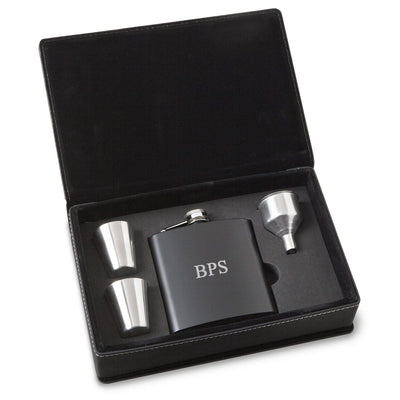 Personalized Flasks - Gift Set - Shot Glasses - Black - Groomsmen Gifts-3Initials-