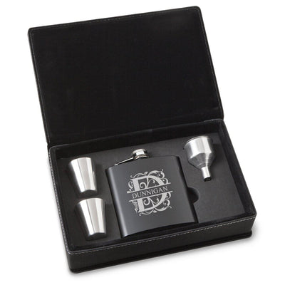 Personalized Flasks - Gift Set - Shot Glasses - Black - Groomsmen Gifts-Filigree-
