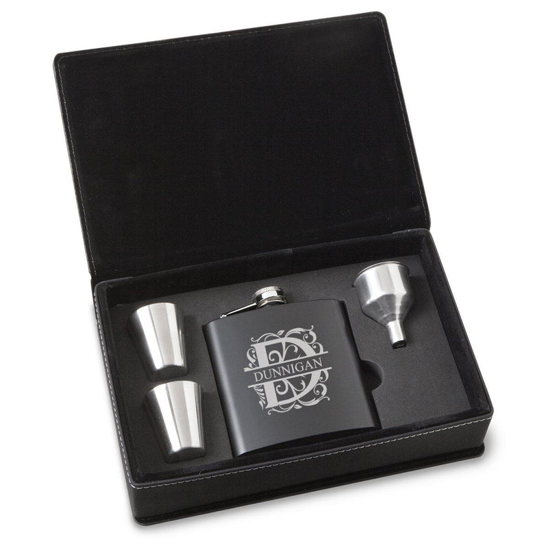 Personalized Flasks - Gift Set - Shot Glasses - Black - Groomsmen Gifts-Filigree-