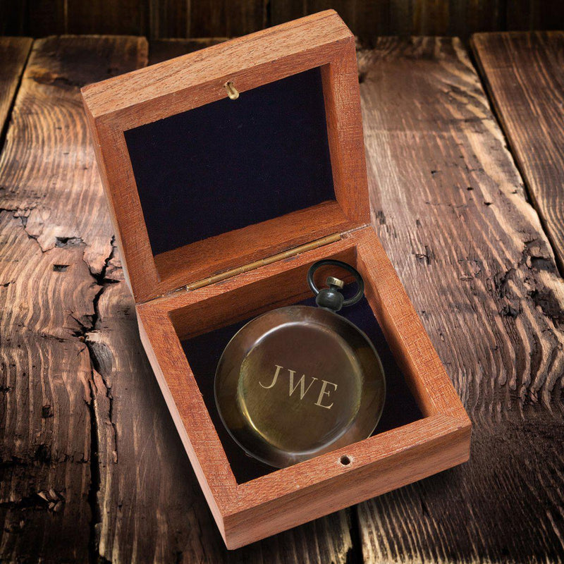 Personalized Antiqued Keepsake Compass with Wooden Box-Outdoors-JDS-3Initials-