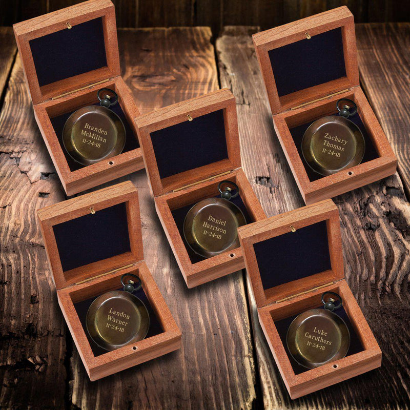Personalized Antiqued Keepsake Compass with Wooden Box Set of 5-Outdoors-JDS-3Lines-
