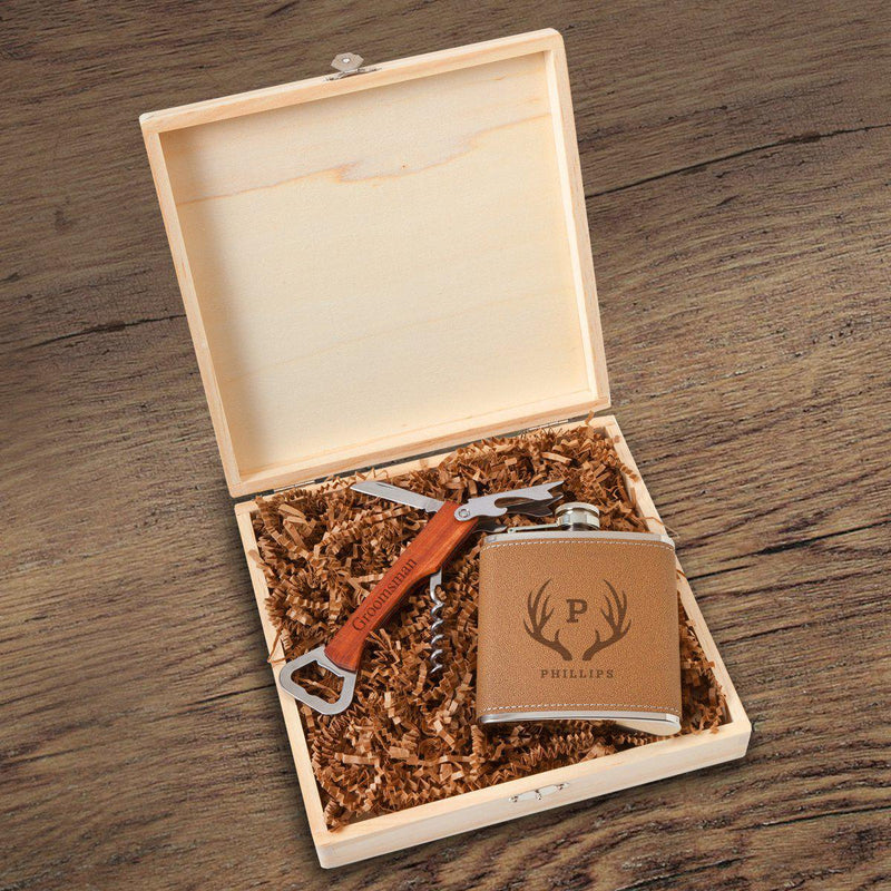 Personalized Groomsmen Flask - Groomsmen Gift Box Set-Antlers-