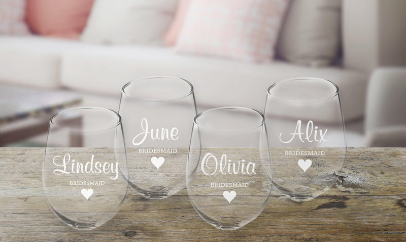 Set of 6 - Custom Engraved Stemless Wine Glasses, Bridal Party