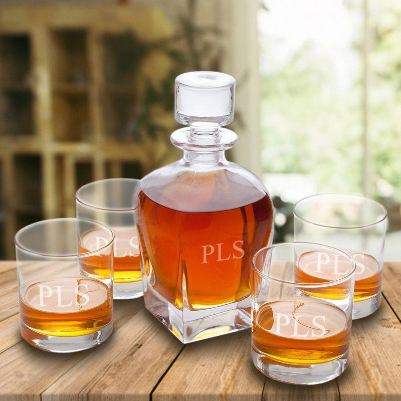 Personalized Antique 24 oz. Whiskey Decanter - Set of 4 Lowball Glasses-3Initials-
