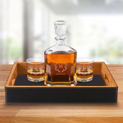 Personalized Decanter Set with Black Serving Tray & 2 Lowball Glasses