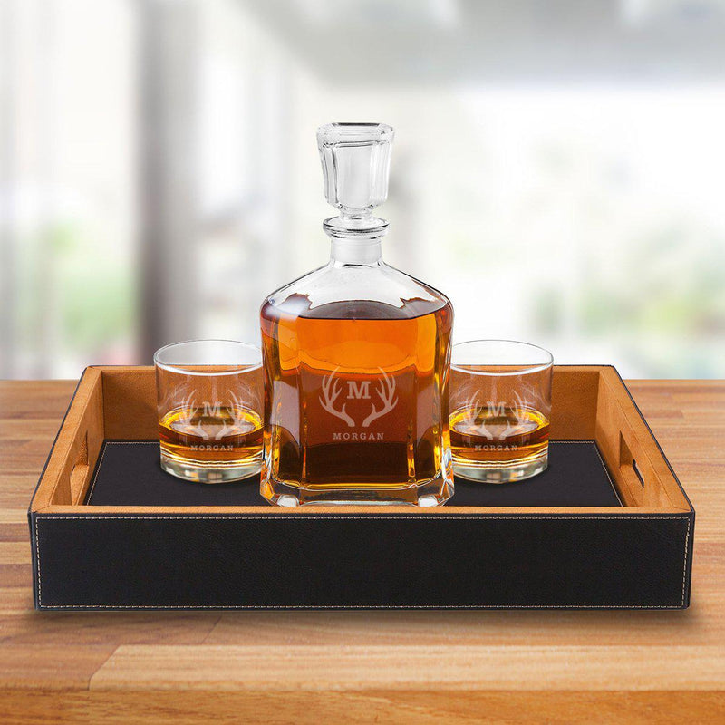 Personalized Decanter Set with Black Serving Tray & 2 Lowball Glasses