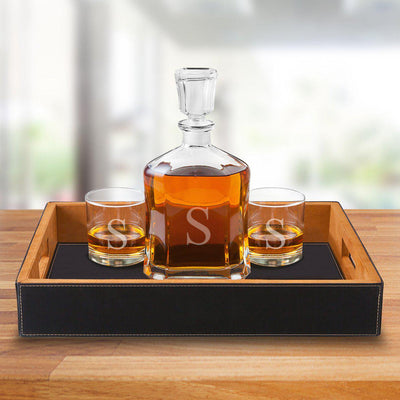 Personalized Decanter Set with Black Serving Tray & 2 Lowball Glasses
