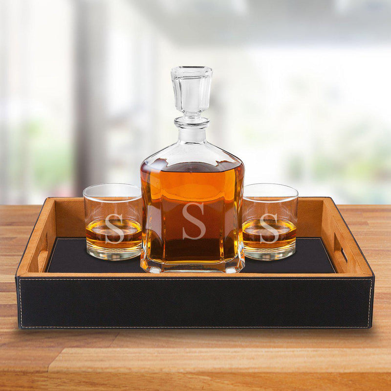 Personalized Decanter Set with Black Serving Tray & 2 Lowball Glasses