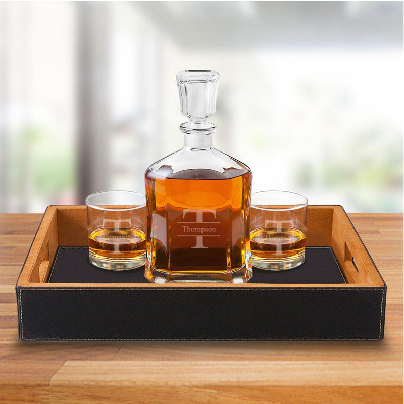 Personalized Decanter Set with Black Serving Tray & 2 Lowball Glasses