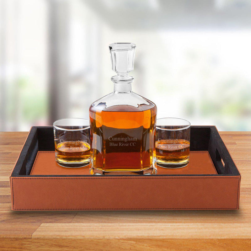 Personalized Rawhide Serving Tray with Decanter & Set of 2 Lowball Glasses