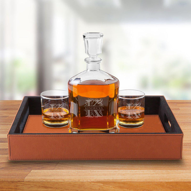 Personalized Rawhide Serving Tray with Decanter & Set of 2 Lowball Glasses