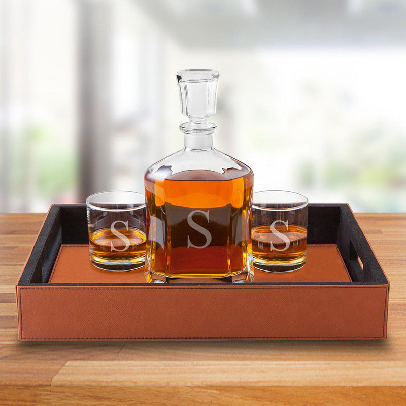 Personalized Rawhide Serving Tray with Decanter & Set of 2 Lowball Glasses