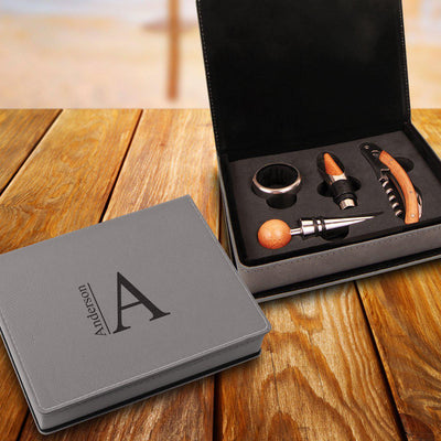 Personalized Wine Tool Gift Set - 4 Piece Leatherette Gray