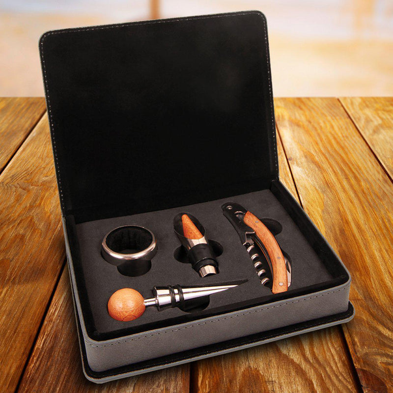 Personalized Wine Tool Gift Set - 4 Piece Leatherette Gray