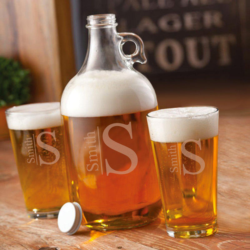 Personalized 64oz. Glass Growler with Set of 2 Pub Glasses