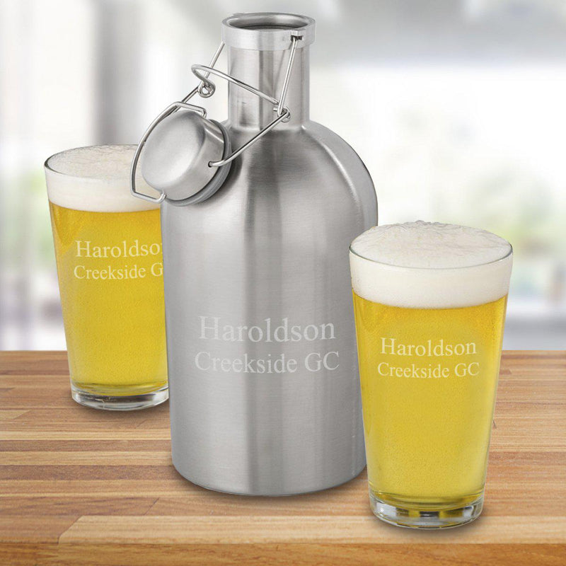 Personalized 64 oz. Stainless Steel Growler with Set of 2 Pub Glasses