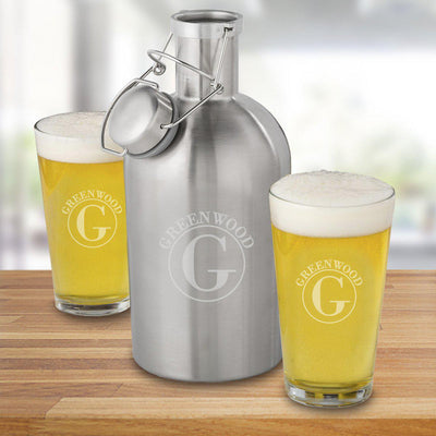 Personalized 64 oz. Stainless Steel Growler with Set of 2 Pub Glasses