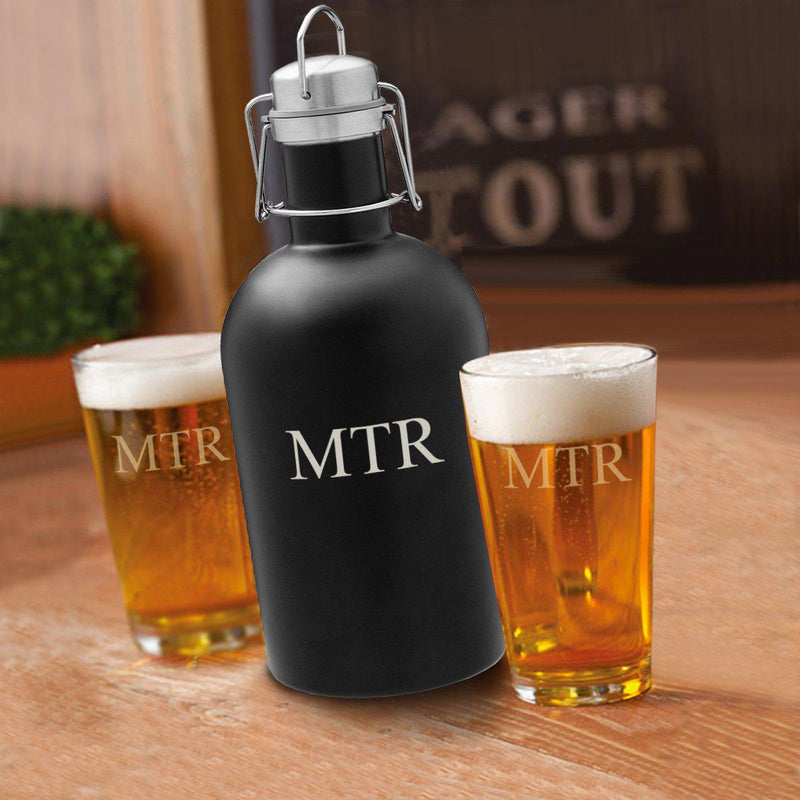 Personalized 64 oz. Black Growler with Set of 2 Pub Glasses