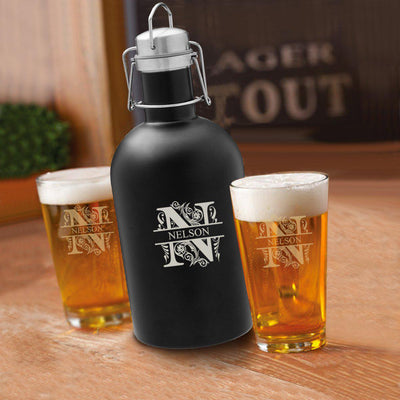 Personalized 64 oz. Black Growler with Set of 2 Pub Glasses
