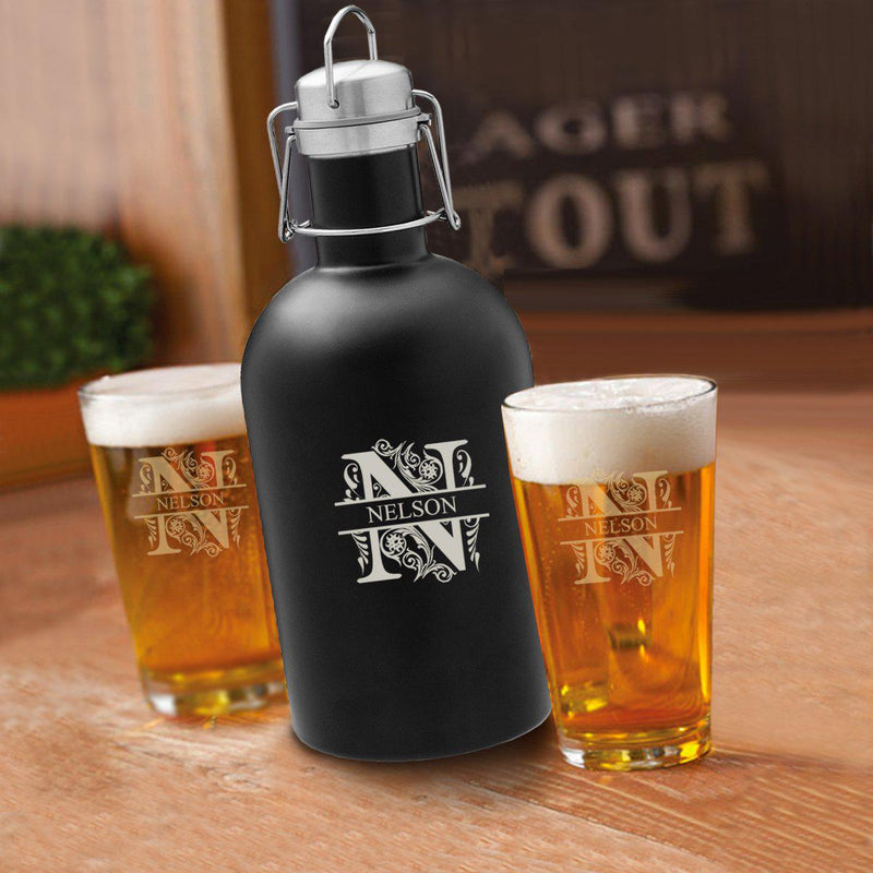 Personalized 64 oz. Black Growler with Set of 2 Pub Glasses