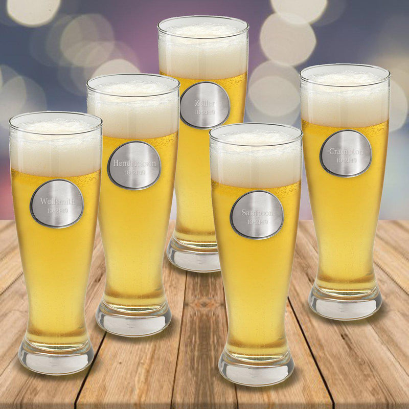 Set of 5 Personalized Pilsner Glasses with Pewter Medallion - 20 oz.