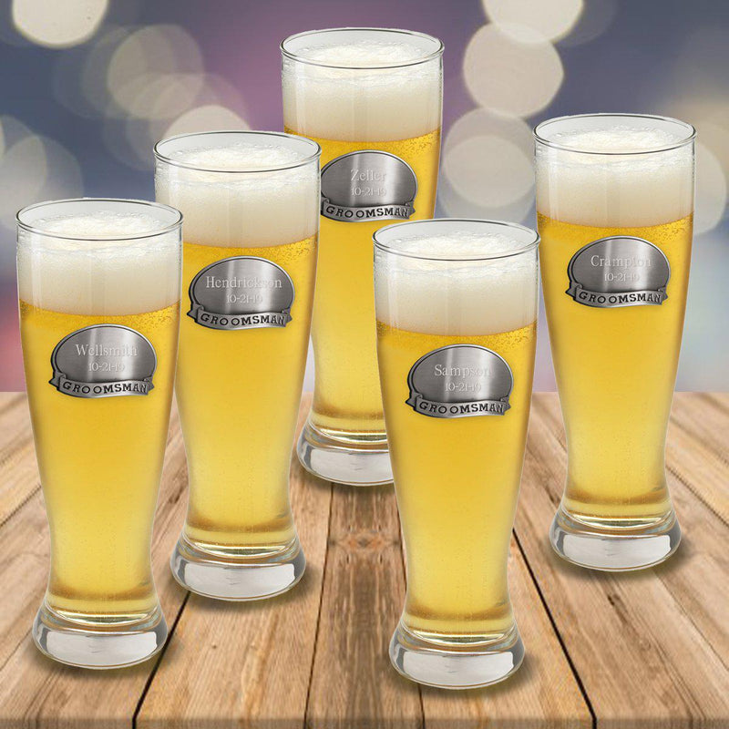 Set of 5 Personalized Pilsner Glasses with Pewter Medallion - 20 oz.